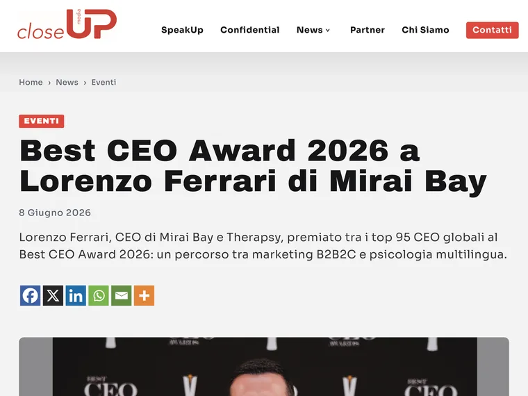 CloseUp Media: Best CEO Award 2026 a Lorenzo Ferrari di Mirai Bay