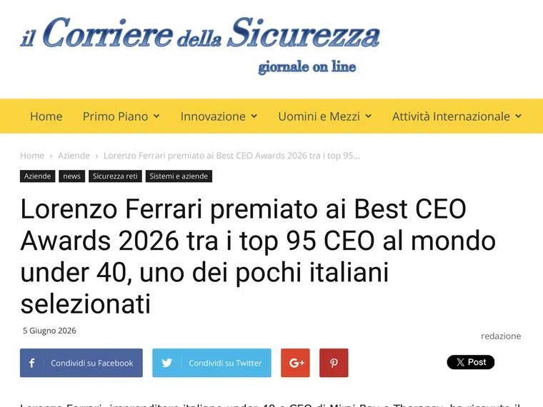 Il Corriere della Sicurezza: Lorenzo Ferrari premiato ai Best CEO Awards 2026, tra i top 95 CEO al mondo under 40